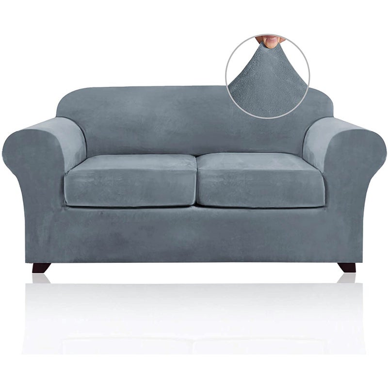 PrinceDeco Velvet Couch Cover Loveseat Covers for 2 Cushion Couch 3 Piece Sofa Covers for Dogs Washable Loveseat Covers Width Up to 72 Inch No Slip Stretch Sofa Slipcover(Medium, Stone Blue) - Image 1